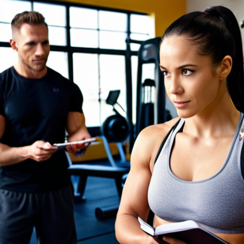 Home 11 **Image Prompt:** A personal trainer actively listening to a client in a bright, modern gym. The trainer is taking notes, maintaining eye contact, and displaying a genuine, empathetic expression. In the background, other clients are engaged in personalized workout routines. The overall tone is supportive and focused on individual needs.