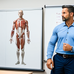 A professional male fitness coach, mid-30s, wearing modest, high-quality athletic wear, stands confidently in a modern, well-lit fitness training academy classroom. He is fully clothed, with appropriate attire. A whiteboard behind him displays a diagram of human anatomy, and other students or colleagues are visible in the background, subtly engaged in learning. The scene emphasizes an educational and professional environment. Perfect anatomy, correct proportions, natural pose, well-formed hands, proper finger count, natural body proportions, professional photography, high quality, safe for work, appropriate content, family-friendly.