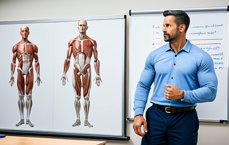 A professional male fitness coach, mid-30s, wearing modest, high-quality athletic wear, stands confidently in a modern, well-lit fitness training academy classroom. He is fully clothed, with appropriate attire. A whiteboard behind him displays a diagram of human anatomy, and other students or colleagues are visible in the background, subtly engaged in learning. The scene emphasizes an educational and professional environment. Perfect anatomy, correct proportions, natural pose, well-formed hands, proper finger count, natural body proportions, professional photography, high quality, safe for work, appropriate content, family-friendly.