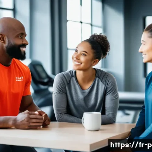 퍼스널트레이너의 팀워크 스킬 강화법 - **Prompt:** A diverse team of wellness professionals collaborating closely in a modern, bright fitne...
