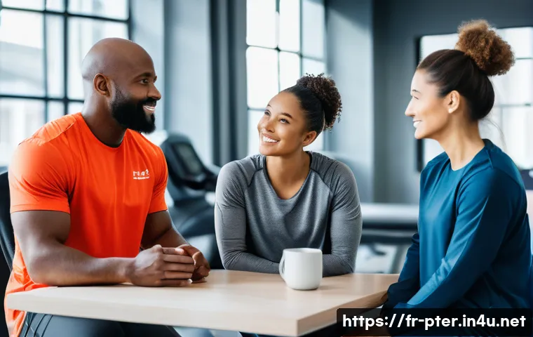 퍼스널트레이너의 팀워크 스킬 강화법 - **Prompt:** A diverse team of wellness professionals collaborating closely in a modern, bright fitne...