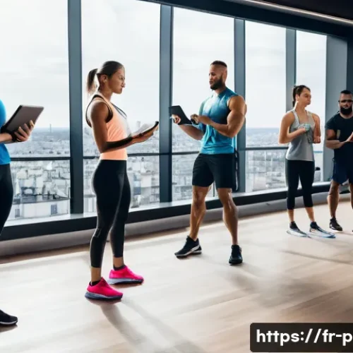 퍼스널트레이너 이직 후 주의사항 - A modern urban fitness studio scene in Paris featuring a diverse group of professional clients engag...