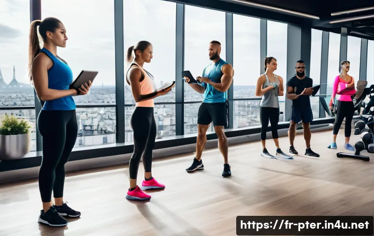 퍼스널트레이너 이직 후 주의사항 - A modern urban fitness studio scene in Paris featuring a diverse group of professional clients engag...