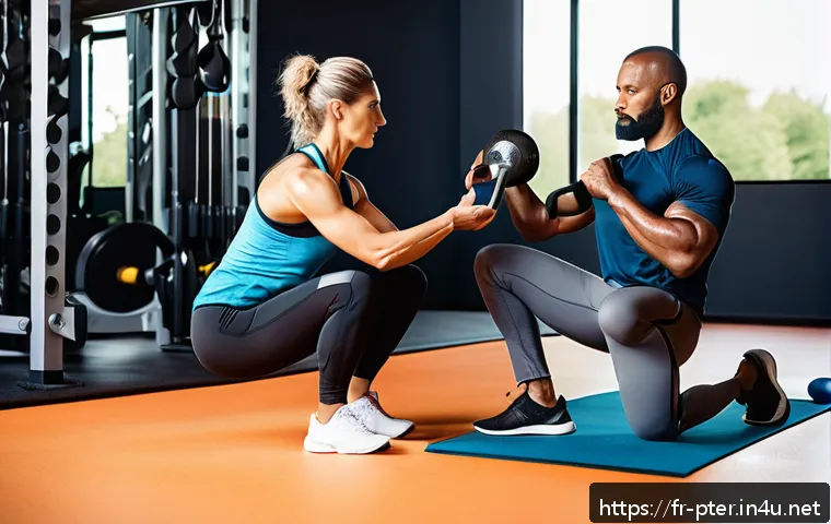 퍼스널트레이너로 성공하는 방법 - A professional personal trainer attentively listening to a middle-aged French client in a modern gym...