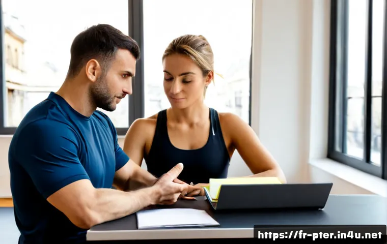 Home 17 퍼스널트레이너 고객과의 분쟁 해결 방법 - Photorealistic French personal trainer and adult client seated across a tidy consultation desk in a ...
